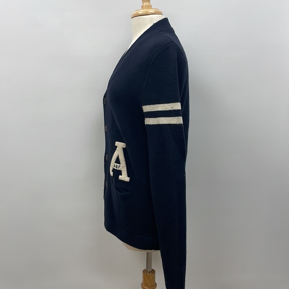 Abercrombie & Fitch Navy Cardigan with White Stripes & Letter Patch - Picture 4 of 9